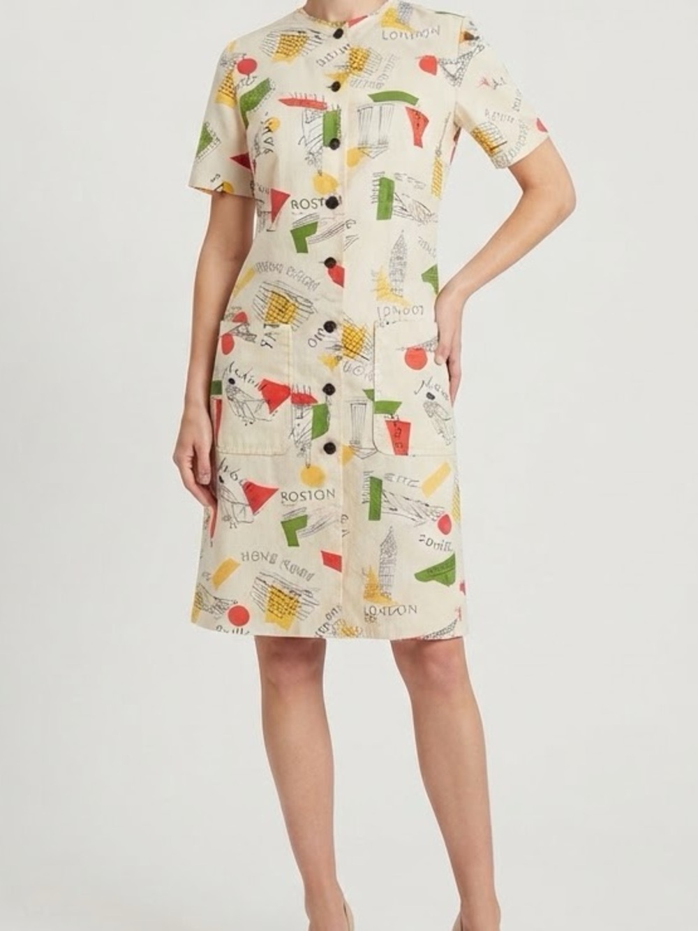 1960’s TWA Flight Attendant City Landmarks Print Cotton Fabric Zipper Dress